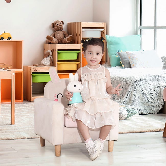 Poltroncina per Bambini con Design a Coniglio 53x47x54,5 cm Gambe in Legno  Crema