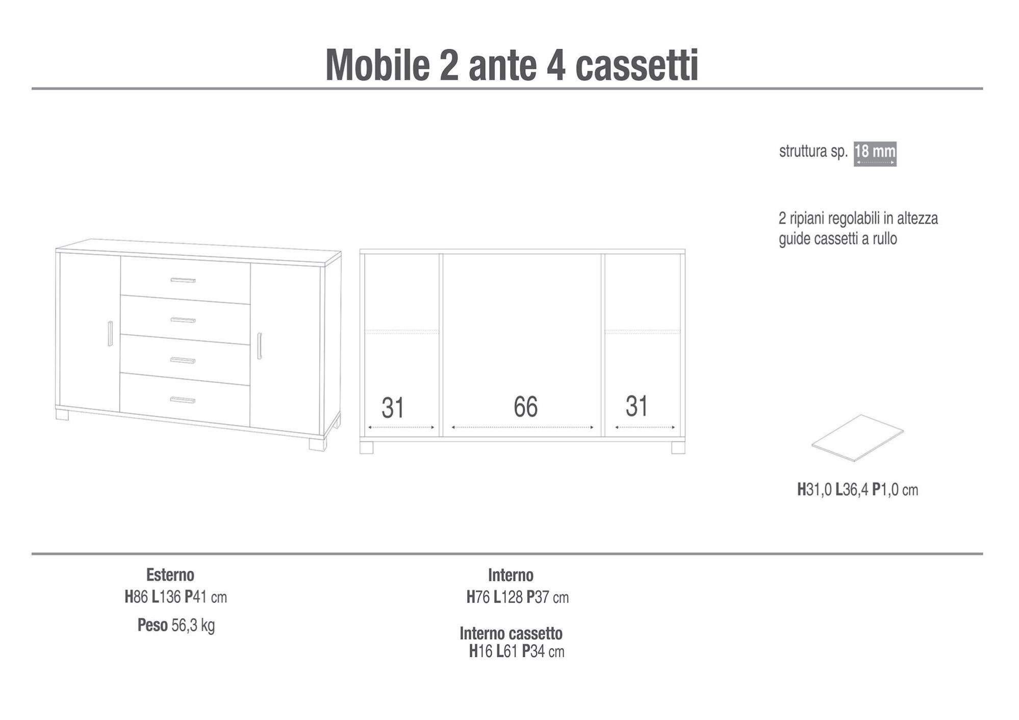 Madia 2 Ante 4 Cassetti 116x86x41 Cm Bianco Fiammato 276781