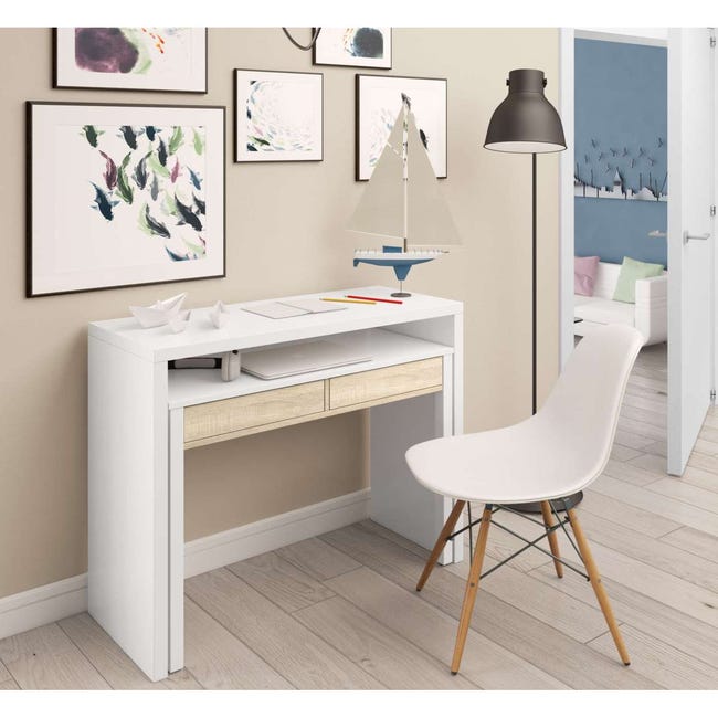 Mesa escritorio extensible, mesa estudio consola, acabado blanco, medidas:  98,6x86,9x36- 70 cm de fondo