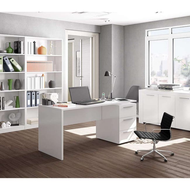Escritorio lineal para oficina y estudio con 3 cajones, Mesa minimalista  para ordenador, Escritorio para trabajo, 120x48h75 cm, Color Blanco y  Cemento