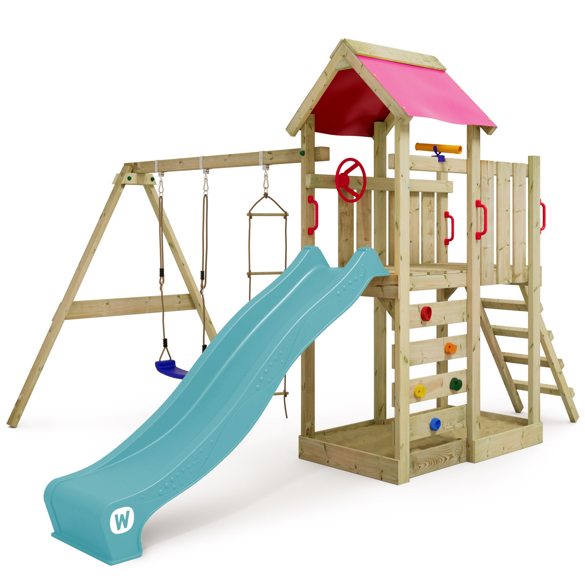 Wickey Aire de jeux Portique bois MultiFlyer avec balançoire et toboggan avec bac à sable