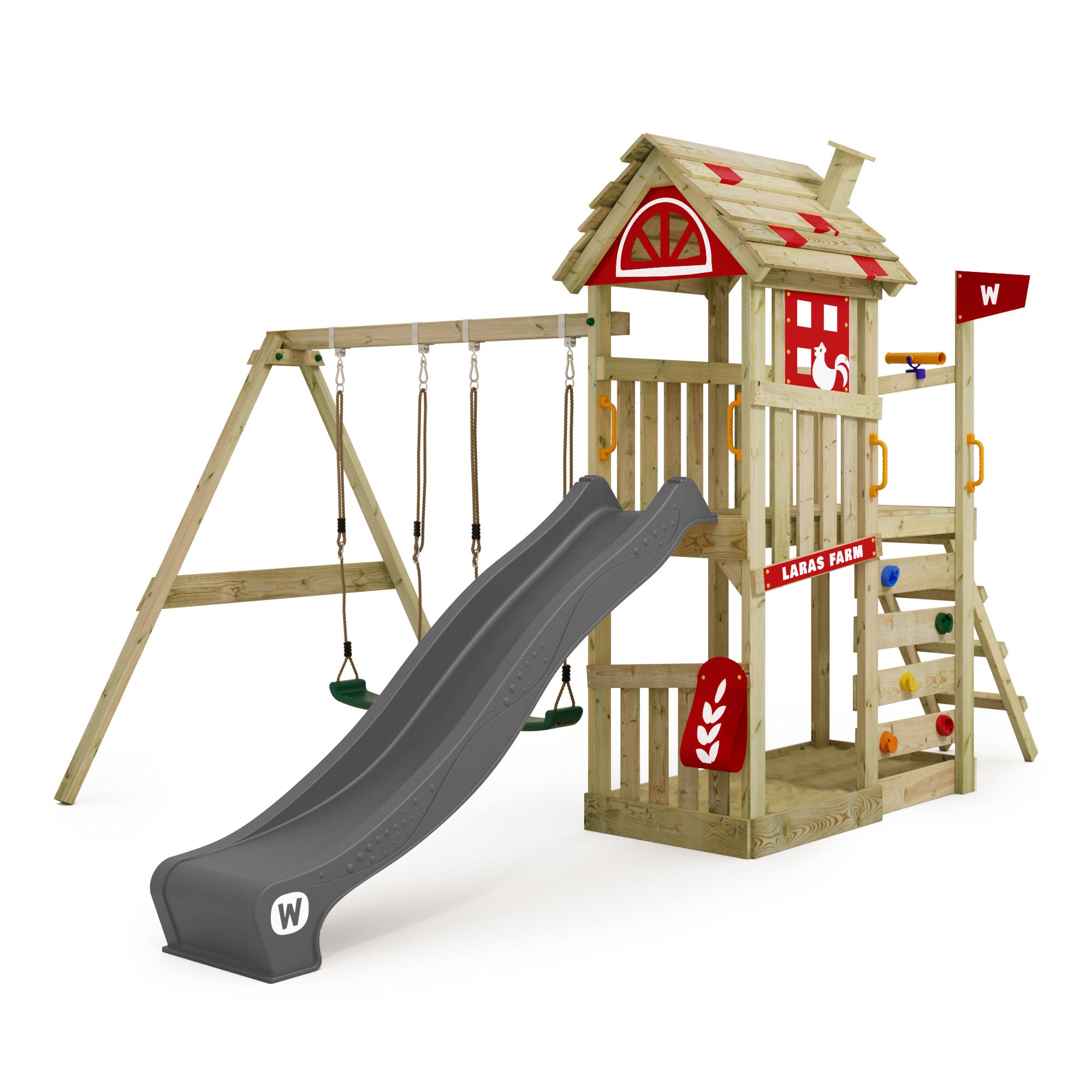 Wickey Aire de jeux Portique bois FarmFlyer avec balançoire et toboggan  Cabane enfant exterieur avec bac à sable & échelle d'escalade - anthracite