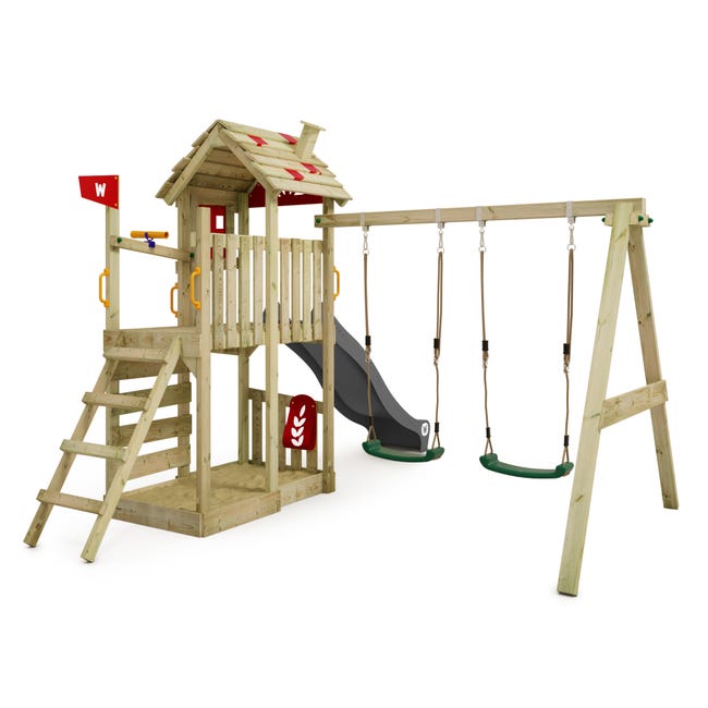 Balançoire double pour enfants, avec toboggan et échelle d'escalade, cadre  de balançoire extérieur en bois