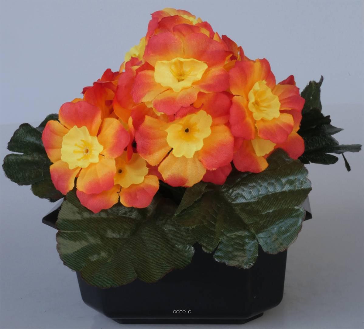 Composition fleurs artificielles cimetière pot carré primevères H17 cm