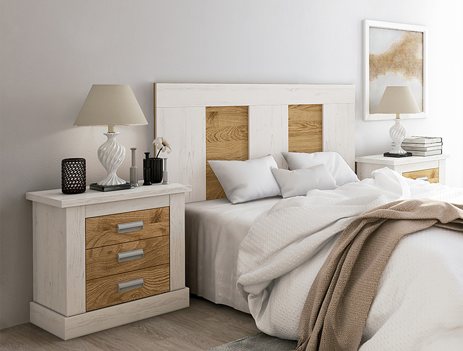 Ensemble tête de lit + Table de chevet avec 3 tiroirs coloris chêne