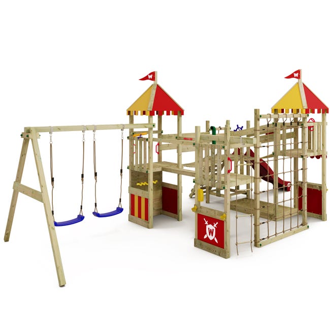 Wickey Aire de jeux Portique bois SmartS avec balançoire et toboggan Cabane enfant  exterieur avec bac à sable & échelle d'escalade - rouge