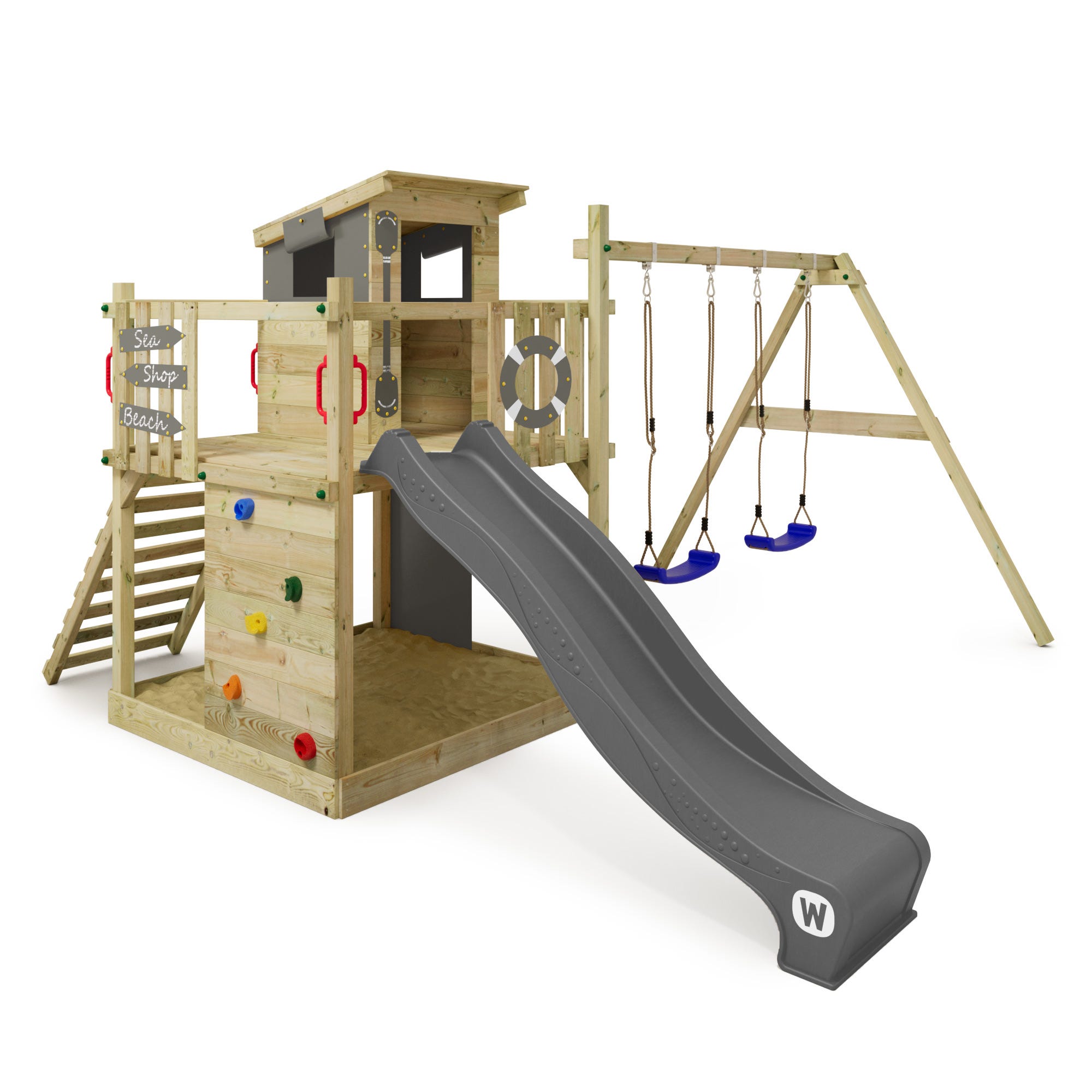 Wickey Aire de jeux Portique bois Smart Camp avec balançoire et toboggan  Cabane enfant exterieur avec bac à sable & échelle d'escalade - anthracite