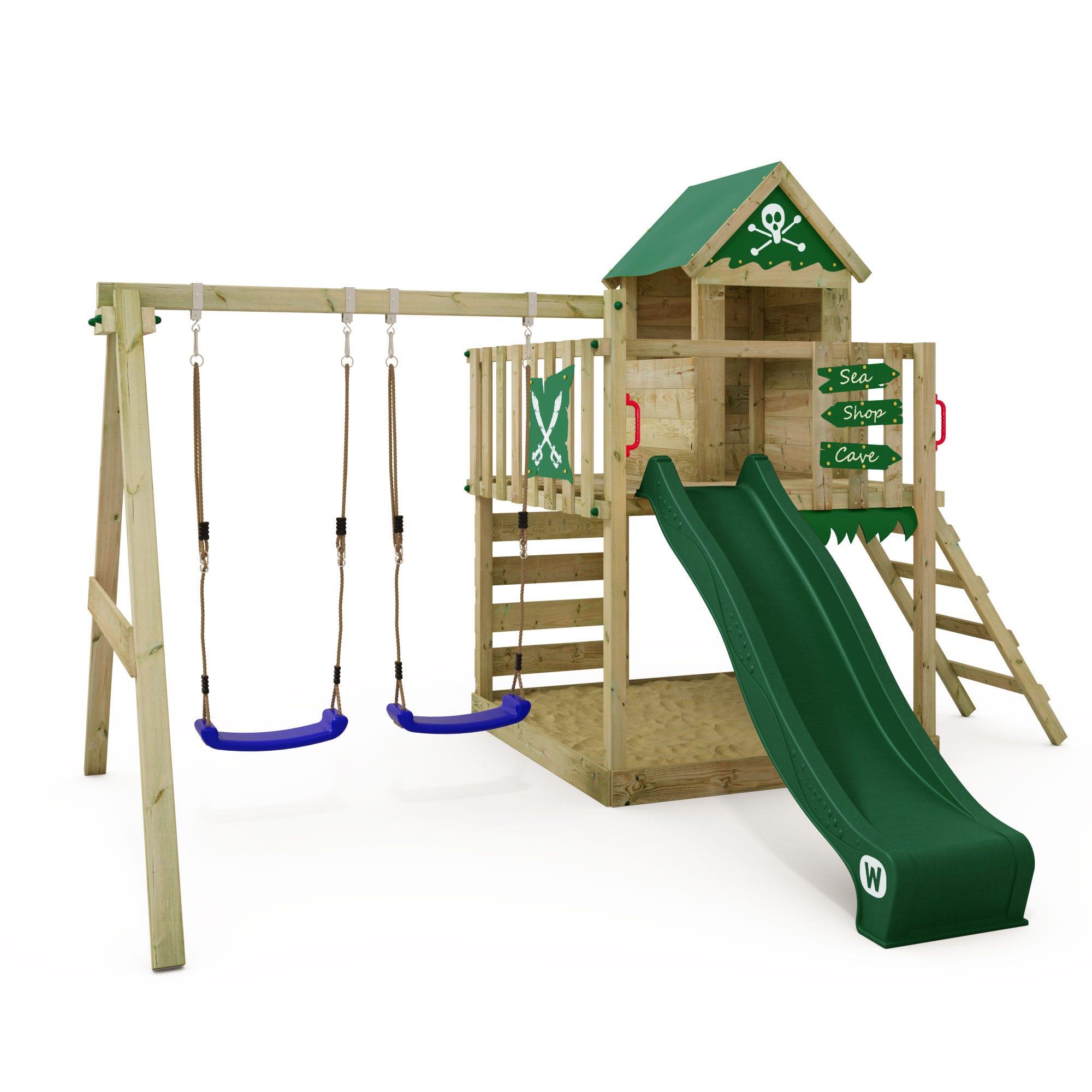 Wickey Aire de jeux Portique bois SmartS avec balançoire et toboggan Cabane  enfant exterieur avec bac à sable & échelle d'escalade - vert