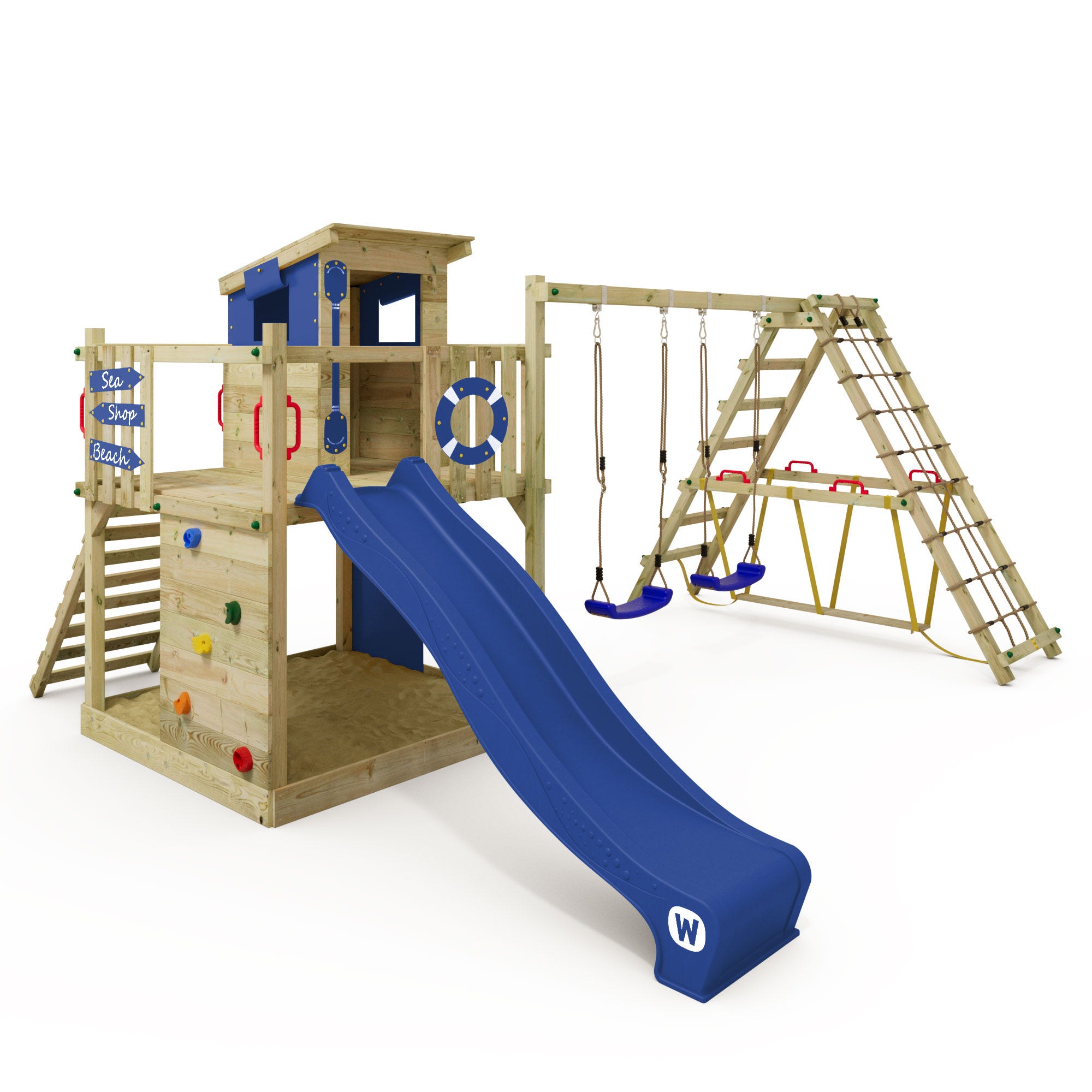 Wickey Aire de jeux Portique bois SmartS avec balançoire et toboggan Cabane enfant  exterieur avec bac à sable & échelle d'escalade - bleu