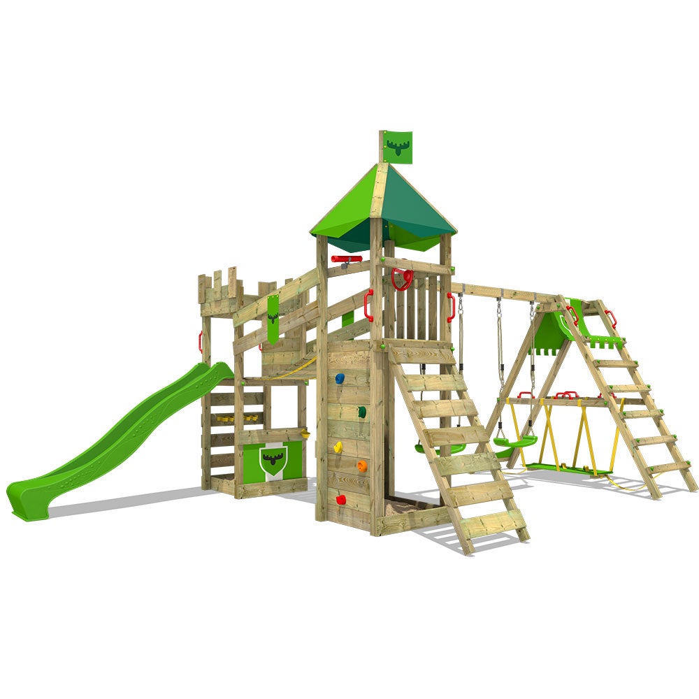 FATMOOSE Aire de jeux Portique bois RiverRun avec balançoire SSwing et toboggan avec bac à