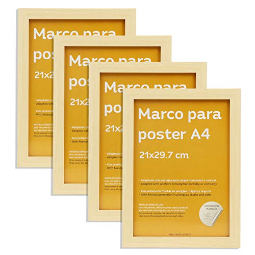 Pack 4 Marcos De Madera Mdf Blanco Y Vidrio Acrílico Protección Y Expositor  De Fotografías Láminas Pósters Cuadros Y Decoración A4 21x297 Cm