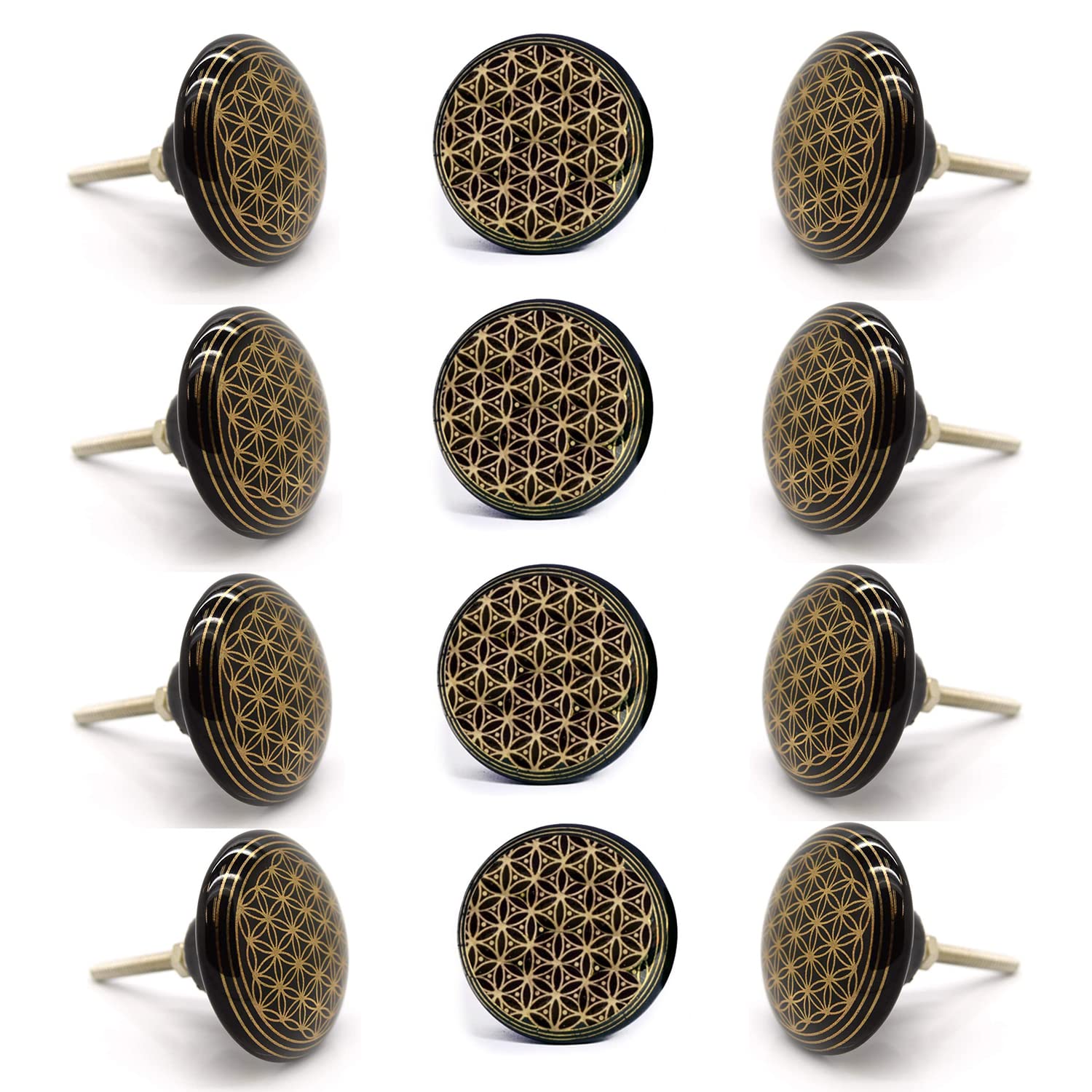 Set De 12 Pomos Tiradores De Cerámica Diseño Geométrico En Dorado Y Negro  Decoración Elegante De Muebles Y Armarios