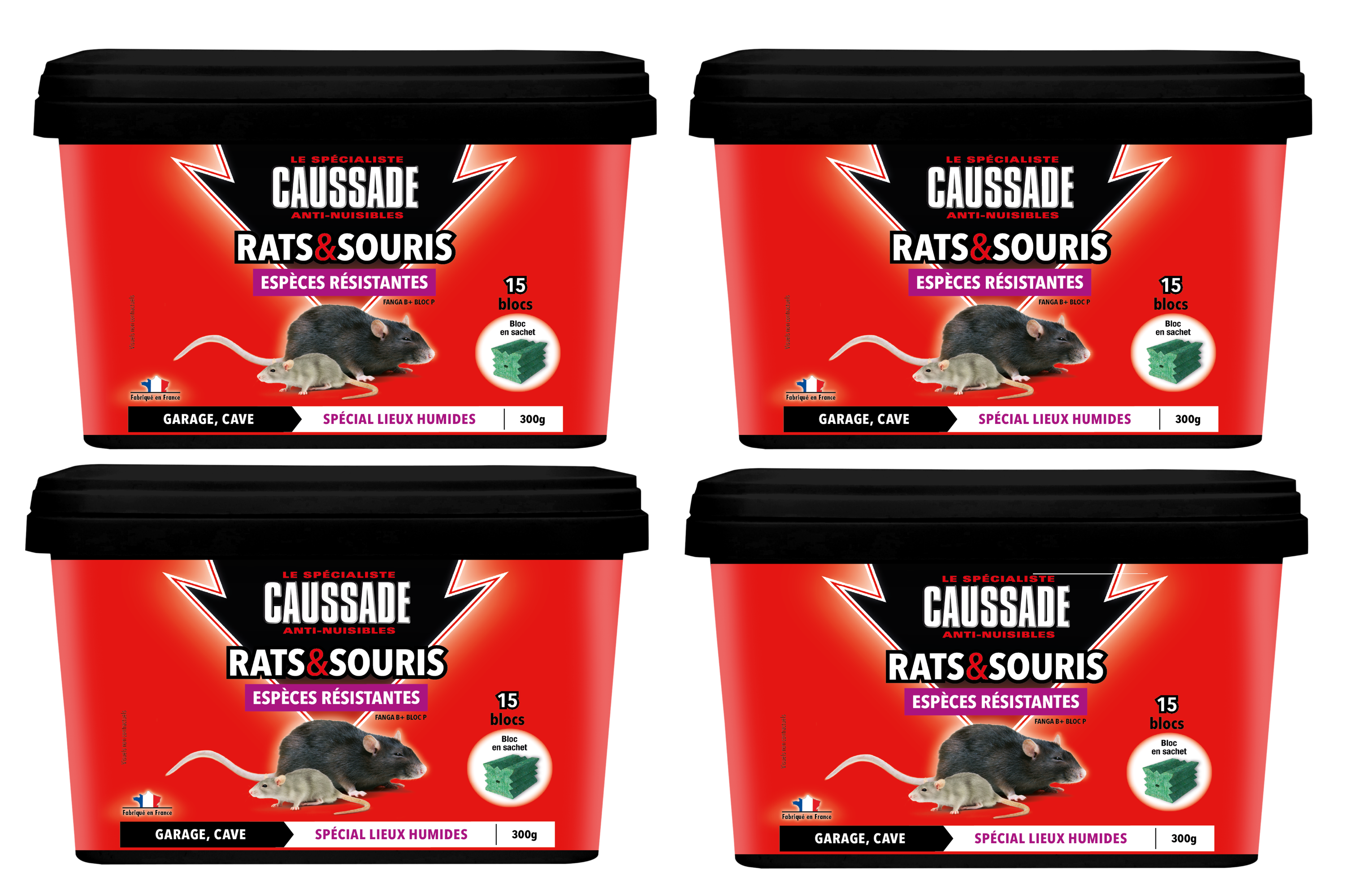 CAUSSADE CARSBLBF300 Lot de 2 boîtes Anti Rats & Souris, 2x15 Blocs, Lieux Humides, 2x300g, Espèces résistantes, Efficacité Maximale