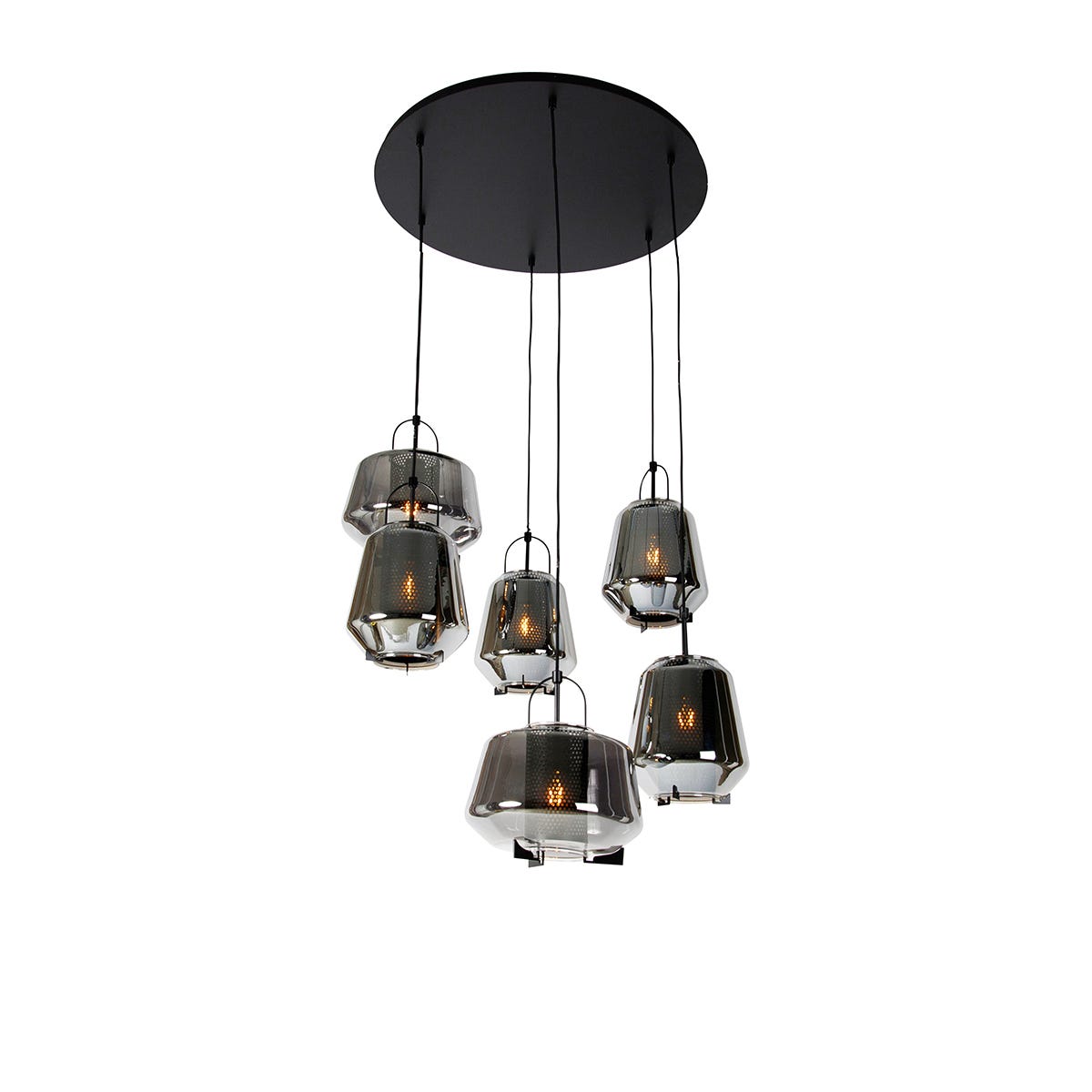 Lampe à suspension design noir avec verre fumé 4 lumières - Dôme