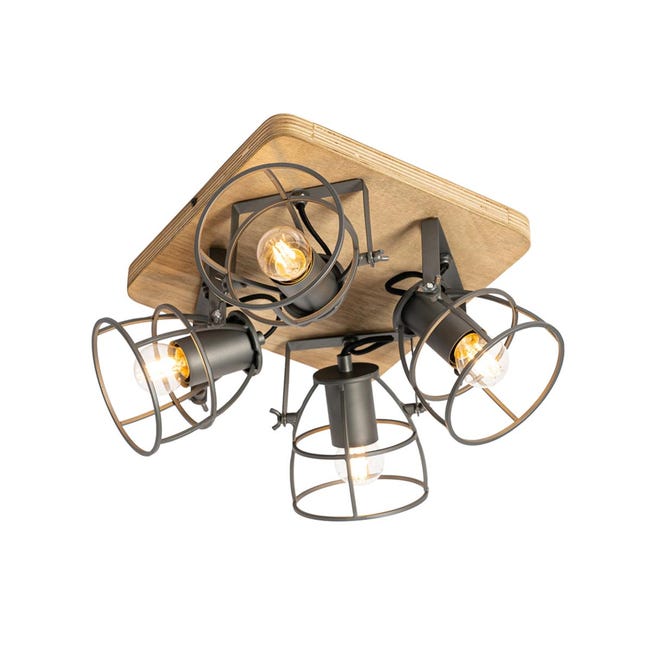 Faretto industriale nero con legno orientabile a 4 luci - Arthur ...