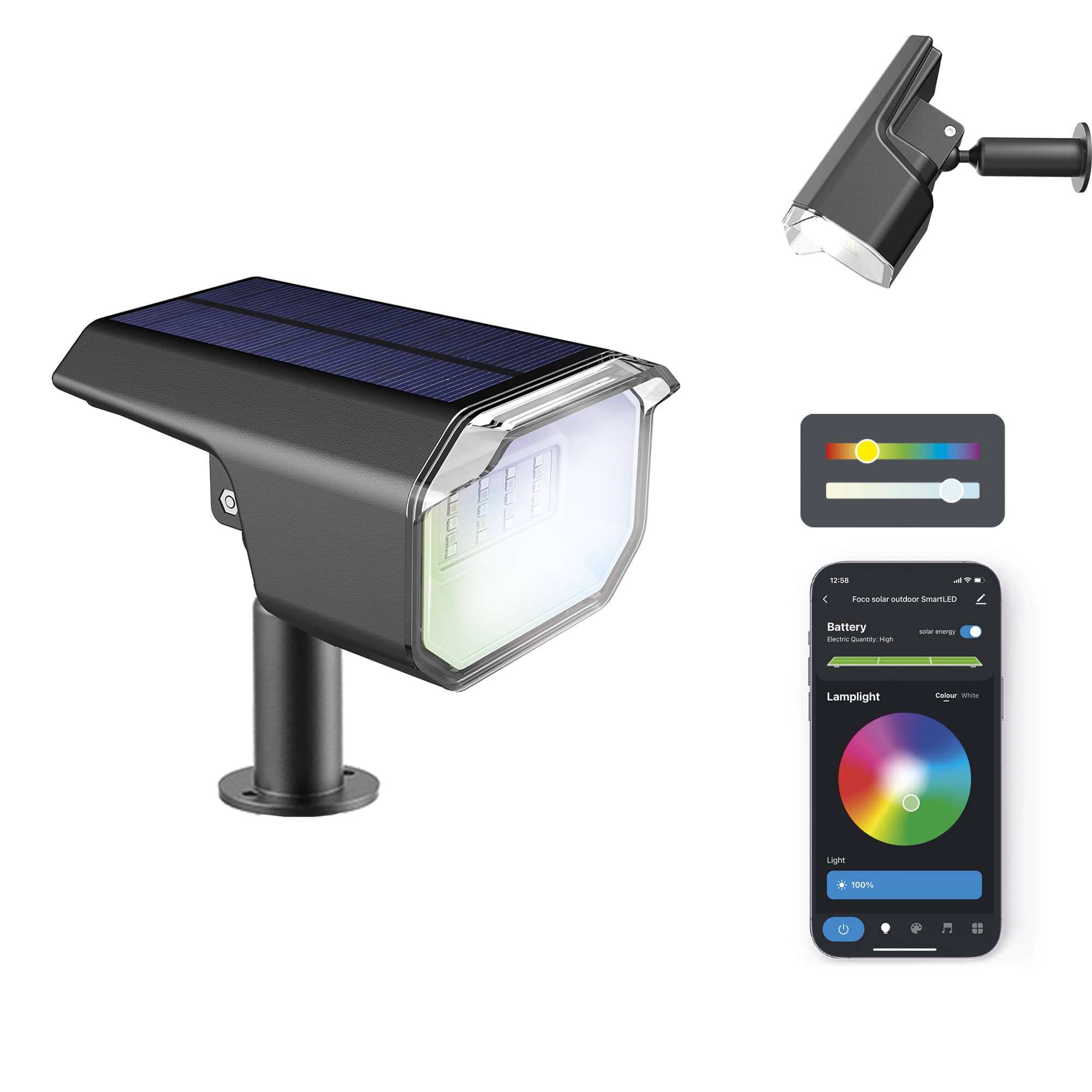 Spot solaire extérieur Ksix SmartLED, WiFi + APP inclus, Panneau solaire,  100 lumens, RGB + CCT, IP65, Spike inclus