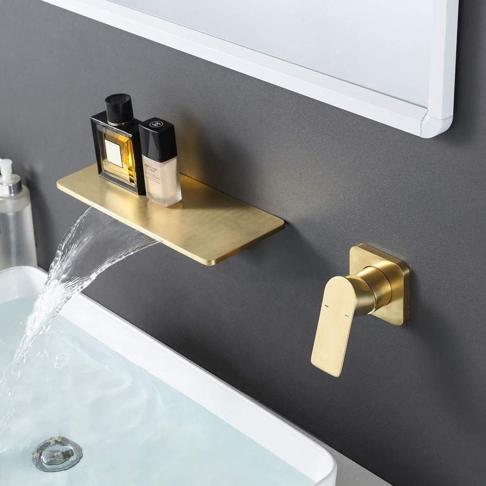 Miscelatore monocomando a parete per lavabo con design a cascata - Oro  spazzolato