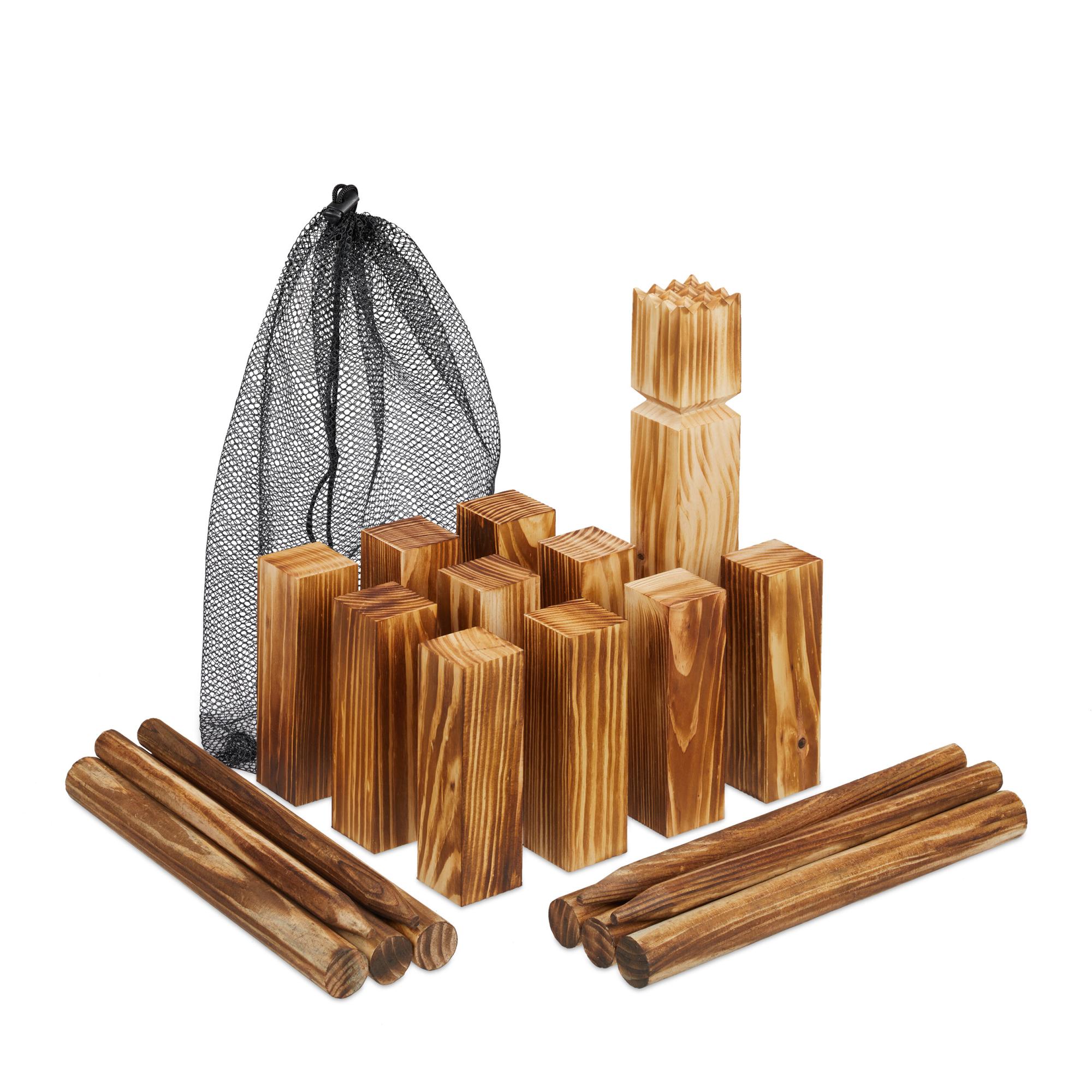Relaxdays Scacchi Vichinghi (Kubb) - Gioco Di Lancio In Legno Con 12 Birilli Numerati E Bastone, 14.5x4.5 Cm, Per Esterni, Adulti E Bambini, Colorato, Con Sacchetto