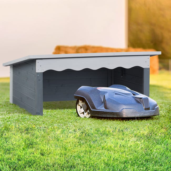 Relaxdays Garage à robot tondeuse, bois, toit résistant aux intempéries,  jardin, ouvrable, HLP : 46x108x82 cm, gris
