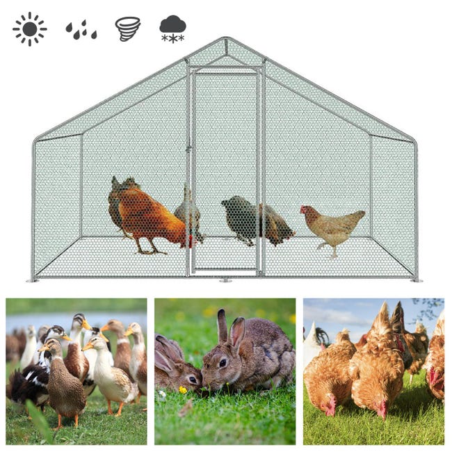 Poulailler Extérieur XL Avec Toit Anti-UV - Clôture En Acier Galvanisé 3x8x2 M - Pour Poules, Lapins, Petits Animaux
