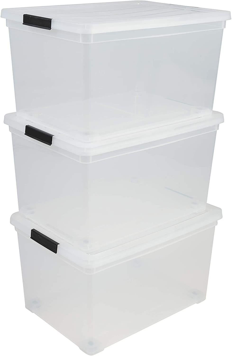 Boîtes De Rangement Plastique 60L Iris Ohyama - Lot De 3 - Noir, Empilables Avec Poignée Et Clips - Fabriqué En France