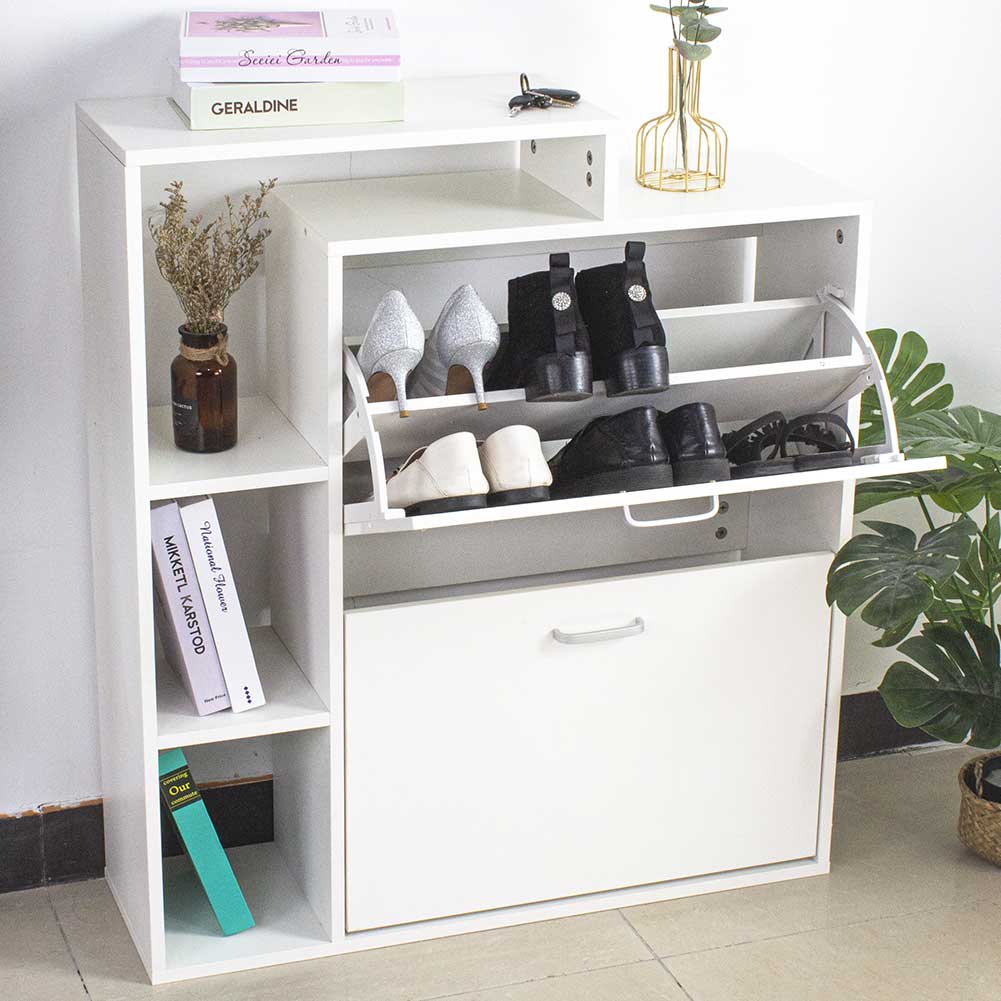 Scarpiera 2 Ante Doppia Profondita + Scaffale Libreria 4 Ripiani Bianco  80x24x90