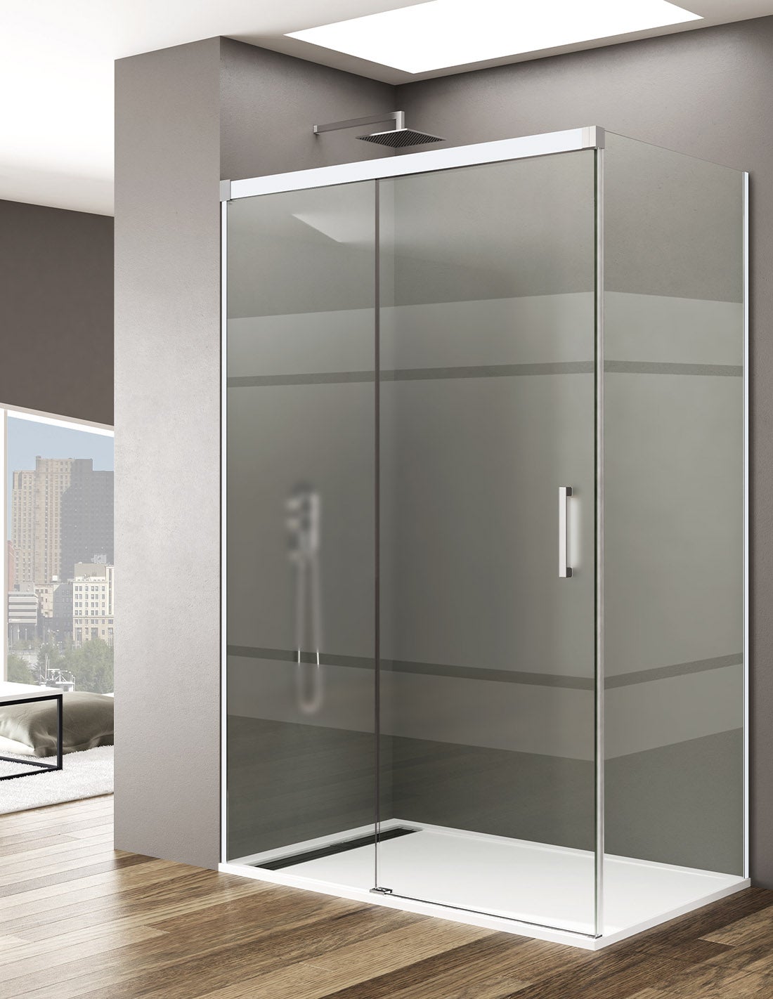 Mampara de ducha angular allstone basic 1+1 con lateral fijo, sin perfil inferior. 140x90 cm cristal serigrafiado perfil combi