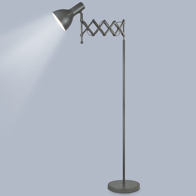 Lampadaire sur pied industriel bras articulé orientable en métal Compatible  LED avec interrupteur