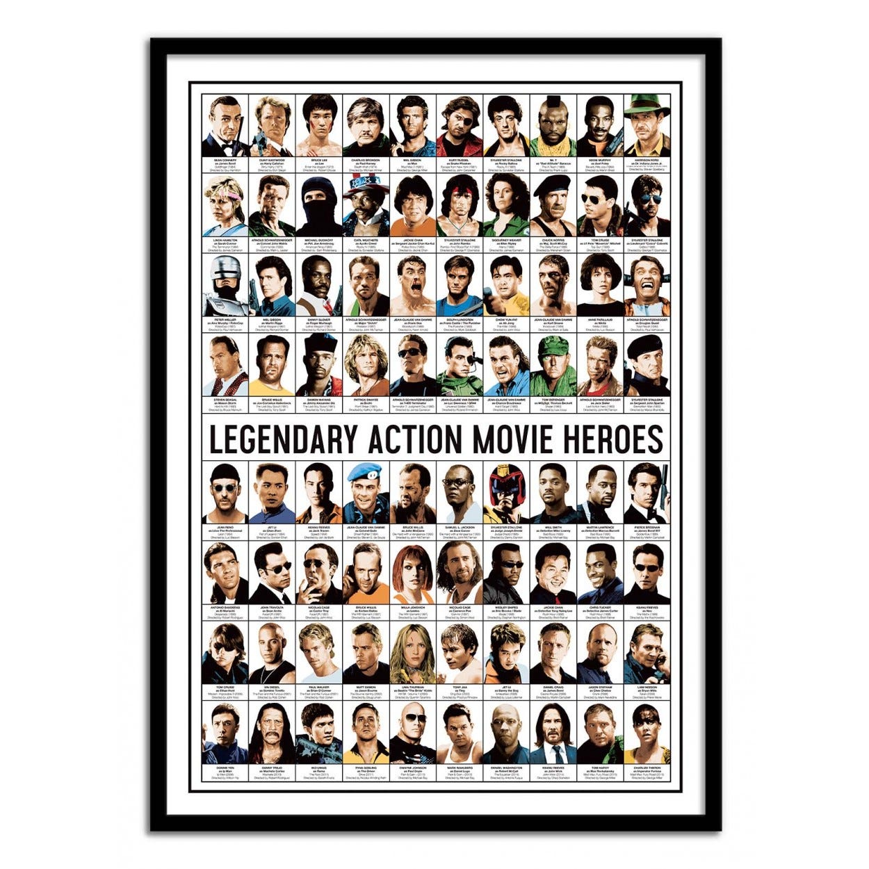 Art-Poster - Legendary Action Movie Heroes - Olivier Bourdereau - avec cadre  noir 50 x 70 cm