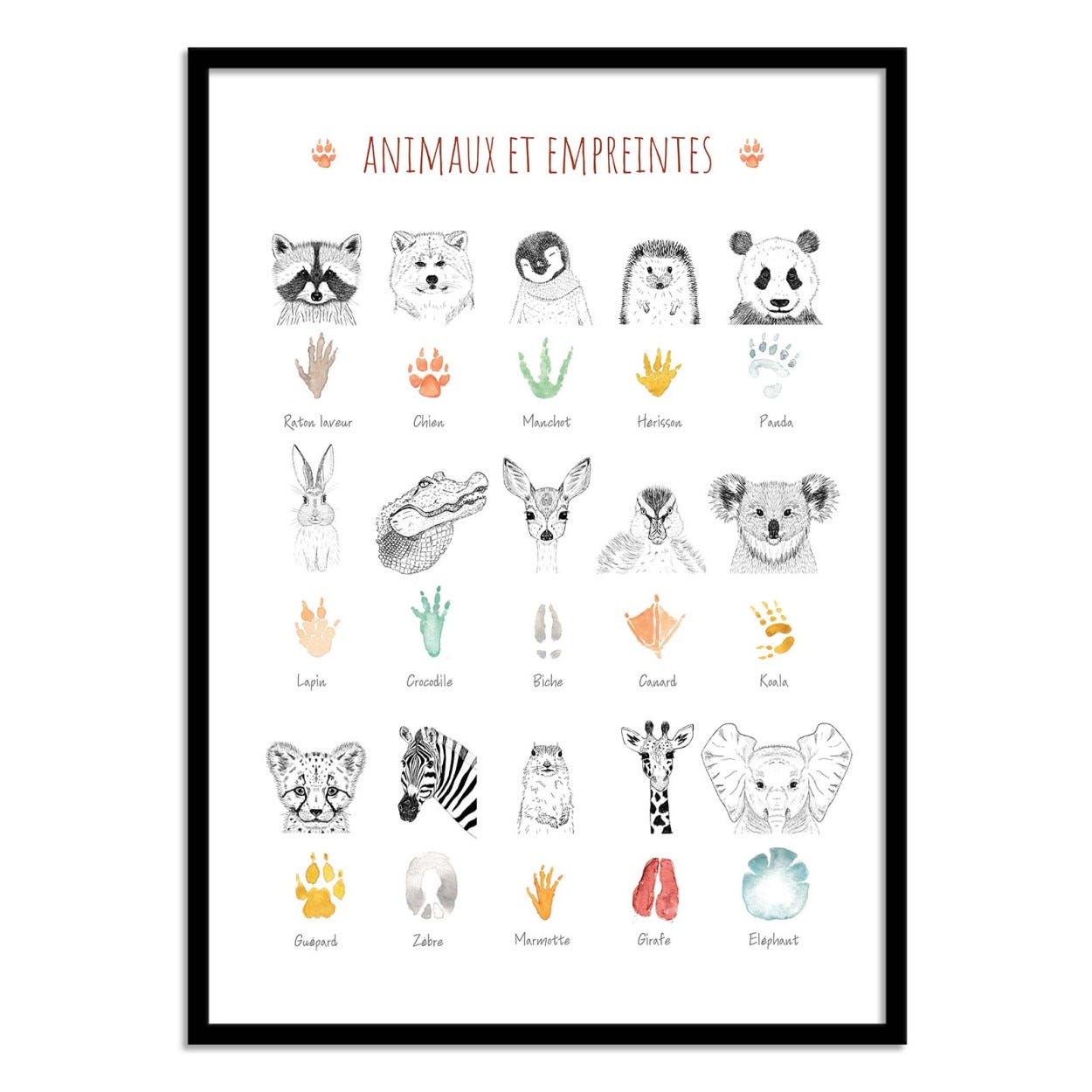 Art-Poster - Animaux et empreintes - Les loulous - avec cadre noir 30 x 40  cm
