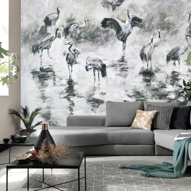 Papier peint intissé noir & blanc avec motif oiseaux, Tapisserie moderne  grise imitation peinture, Papier peint motif animalier idéal salle de bain