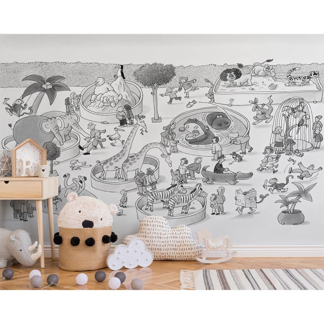 Papier peint panoramique lapin noir & blanc, Tapisserie panoramique  animaux effet dessin, Papier peint panoramique chambre enfant moderne