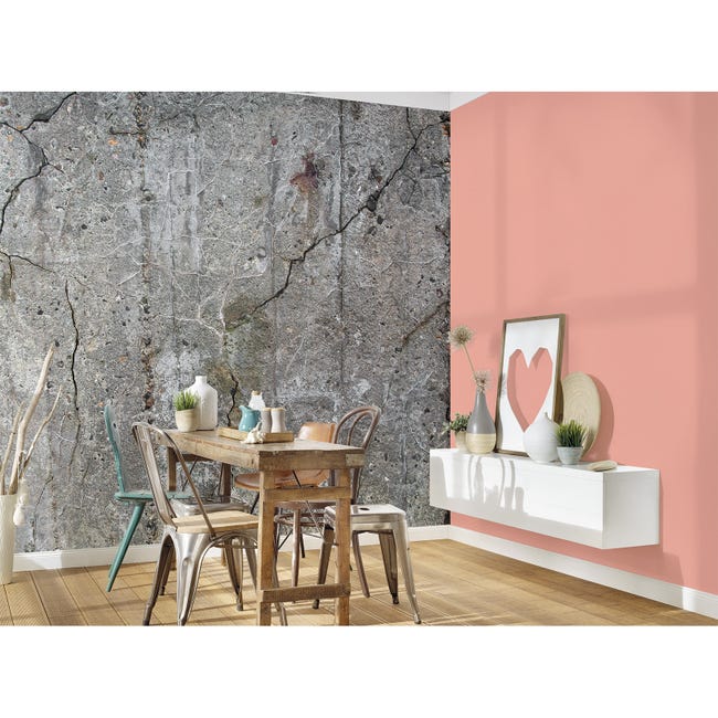 Papier peint panoramique chambre ado brique gris, Tapisserie panoramique  imitation pierre grise & rose, Papier peint panoramique moderne néon rose