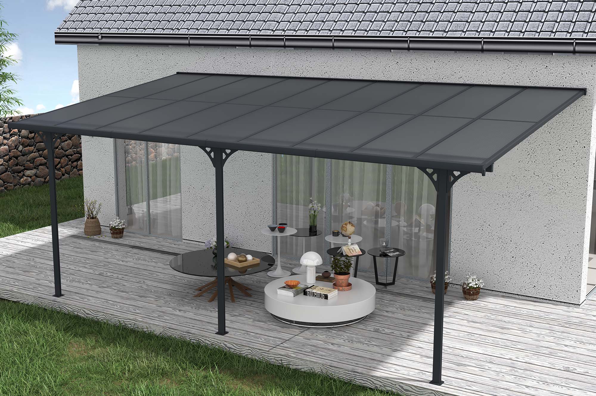 Pergola/Cochera adosada KLEO 5.5m x 3m aluminio Gris Leroy Merlin