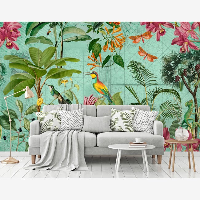 Papier peint panoramique jungle vert & rose, Tapisserie panoramique  fleurie tropicale, Papier peint panoramique chambre avec oiseaux exotique