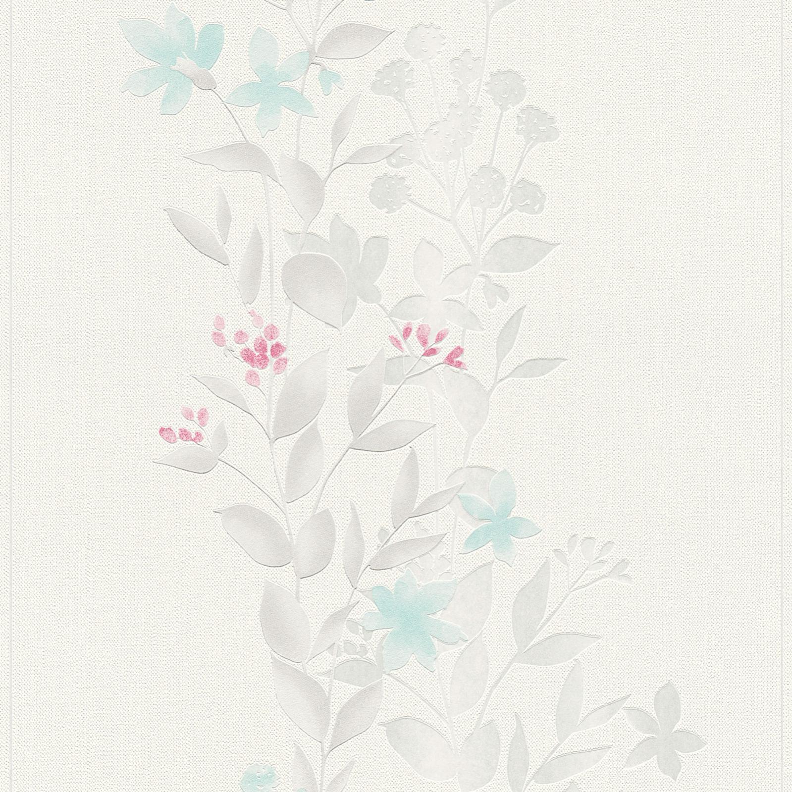 Papier Peint Rayé Turquoise Galerie - Motif Fleur Printanier - Rouleau 53cm X 10m