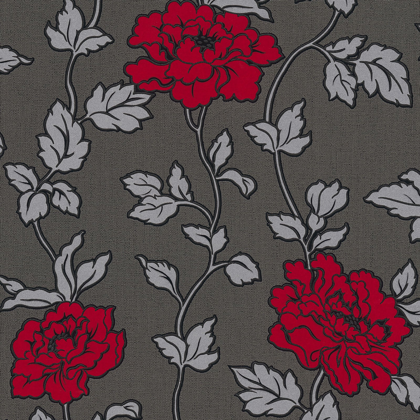Papier peint anglais motif fleur, Tapisserie fleurie grise & rouge idéale  pour salon, Papier peint floral pour couloir & entrée