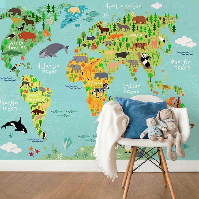 Papier peint panoramique chambre enfant carte du monde, Tapisserie  panoramique chambre bébé bleu & vert, Papier peint panoramique animaux