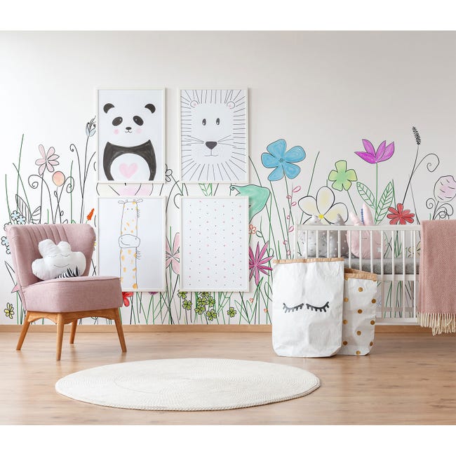 Papier peint panoramique floral chambre enfant, Tapisserie panoramique  fleurie multicolore, Papier peint panoramique chambre bébé