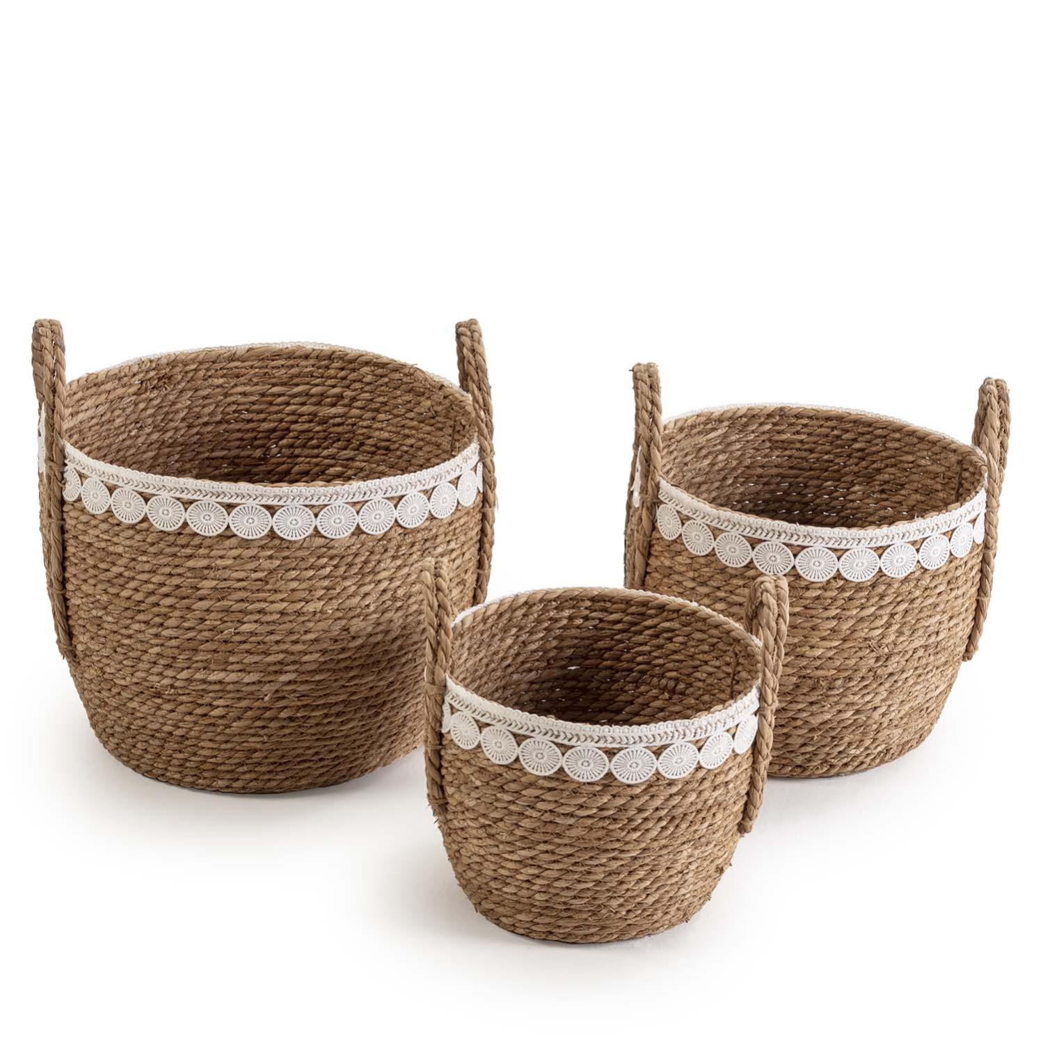 Set 3 Cestini Portatutto In Legno E Metallo Con Fodera In Lino Beige - Organizer Per Casa, Bagno, Cucina, Dispensa - Stile Moderno - 3