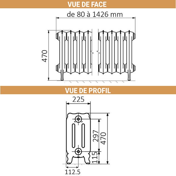 Radiateur fonte sur pieds - Hauteur 470mm - Longueur 1344mm - 710 W -  Epaisseur 225mm - Contenance 26.40L - OXF470/1344AC5