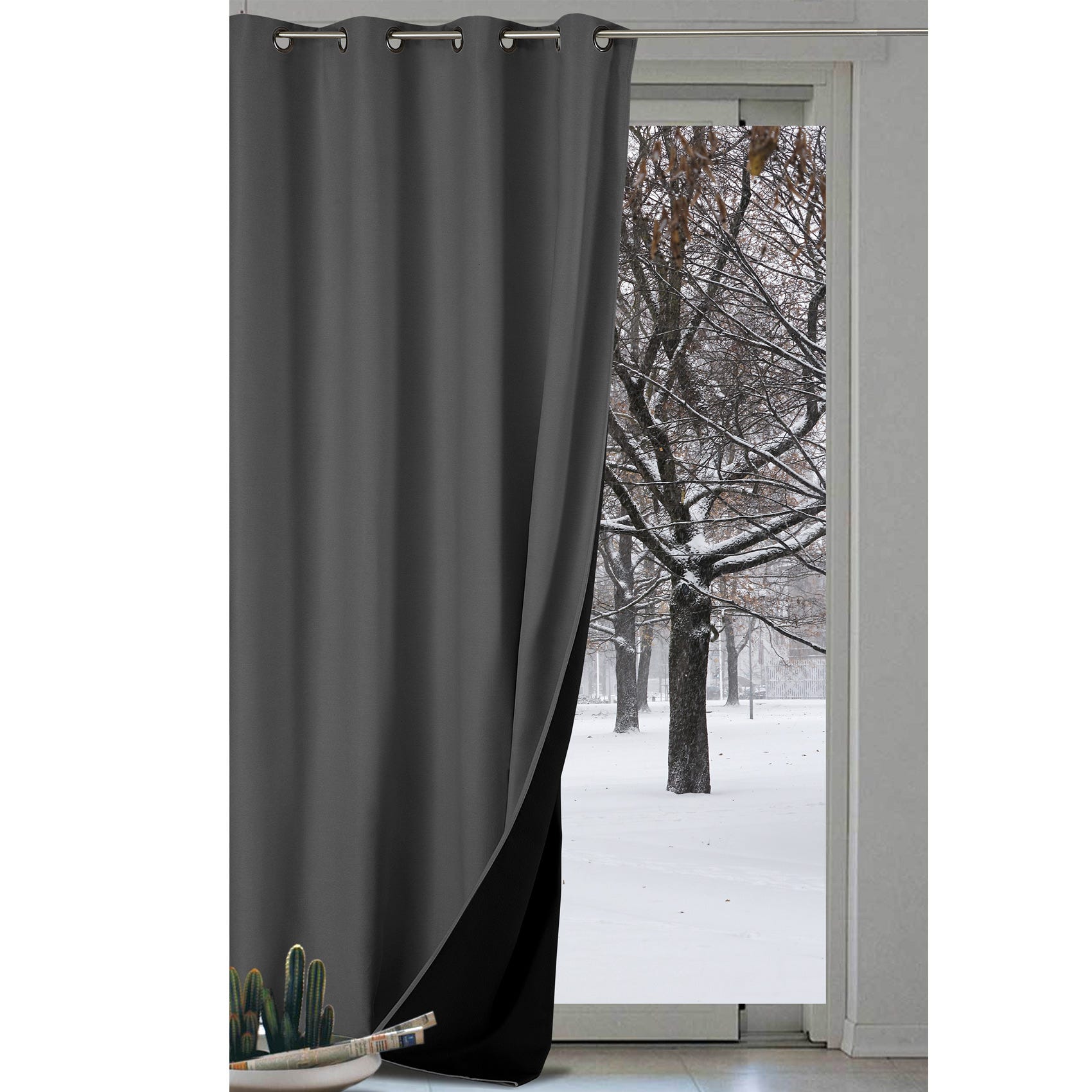 Rideau anti-froid doublé polaire - Gris anthracite - 140x300 cm -  Polyester/Occultant