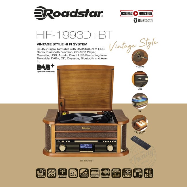 Giradischi Vinile Vintage Radio DAB/DAB+/FM Lettore CD-MP3 Cassette  Bluetooth Roadstar Legno HIF1993DBT