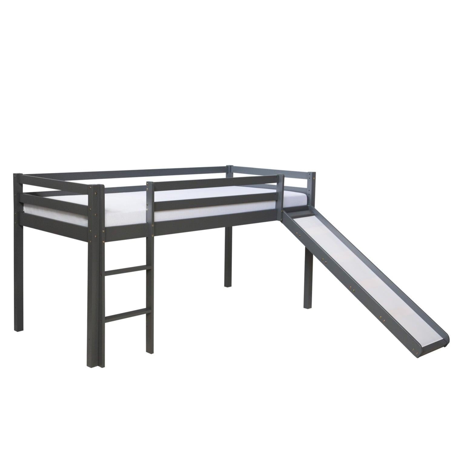 Lit mezzanine pour enfant 90x200cm avec échelle toboggan en bois gris
