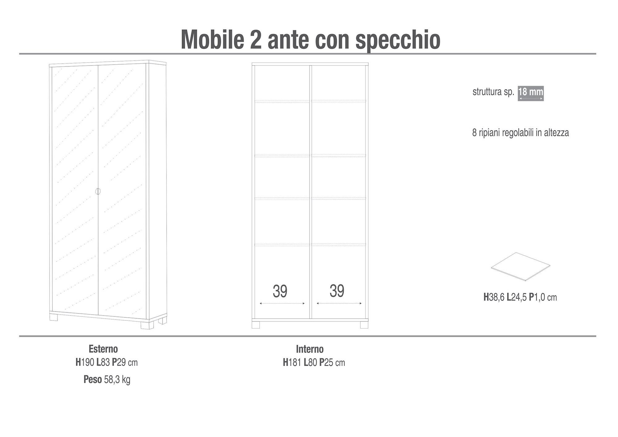 Armadio 2 Ante con Specchio 83x190x29 cm Olmo Chiaro