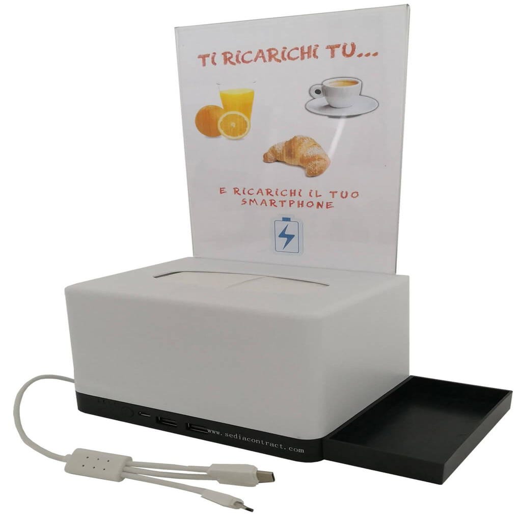 Porta Menu Dispenser Tovaglioli da Tavolo con Presa USB Ricarica Smartphone  Asse Bianco