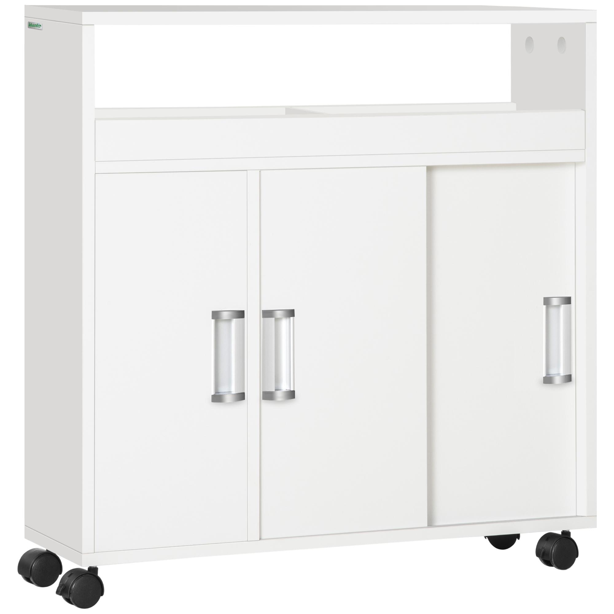 Mobiletto Bagno con Porte Scorrevoli 70x20x71 cm Ripiano Regolabile con  Ruote Bianco