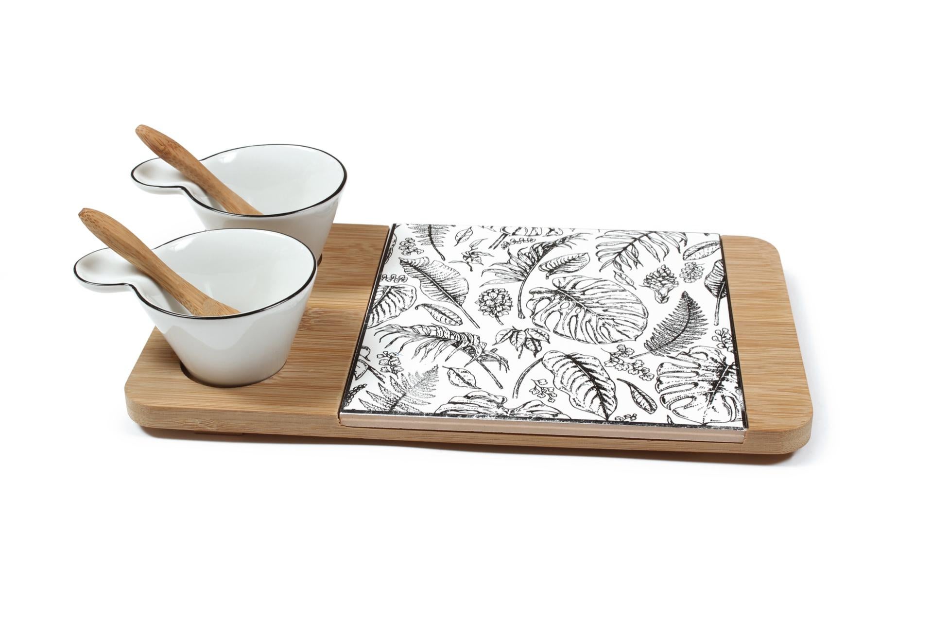 Set Apéritif 4 Coupelles Porcelaine Sur Plateau Bambou Ambiance Tropicale EASY LIFE R1468#VIBE