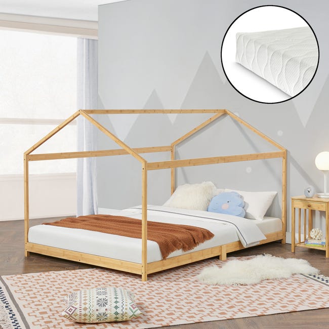 Leve Noche más lejos Cama infantil Simple Vindafjord en forma de casa con colchón bambú 120 x 200  cm - Color natural [en.casa] | Leroy Merlin