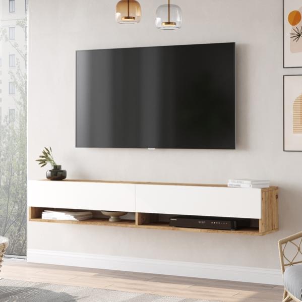 Mobile TV Sospeso 160 Cm - Moderno, Bianco Con Pietra Sinterizzata, Con Cassetti - Foto 2
